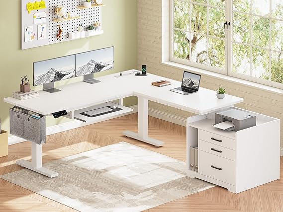 L-Shaped Electric Standing Desk with File Cabinet & Storage