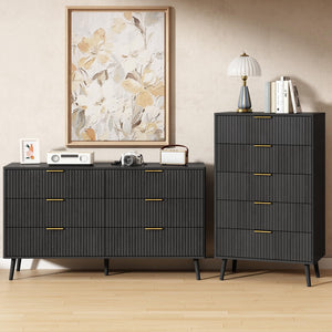 2-Piece Black Fluted Dresser Set with 11 Drawers