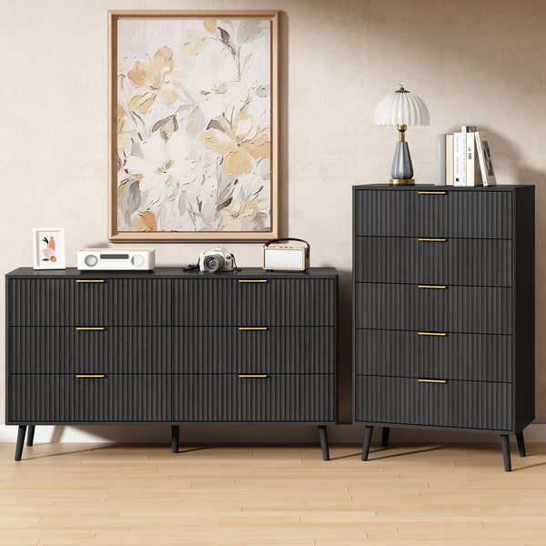 2-Piece Black Fluted Dresser Set with 11 Drawers