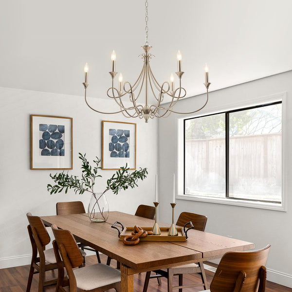 6-Light Modern Candle Chandelier – Brushed Nickel, Black & Brass