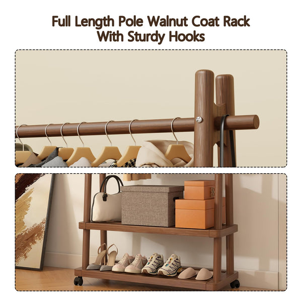 Freestanding Wooden Clothing Rack with Wheels