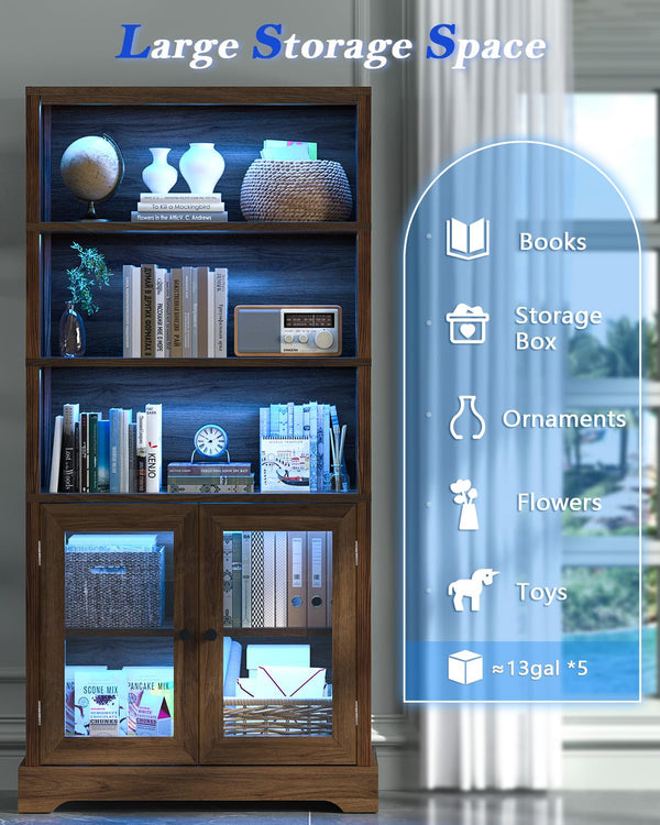 5-Tier Bookshelf with Ambient Lighting and Cabinet Doors