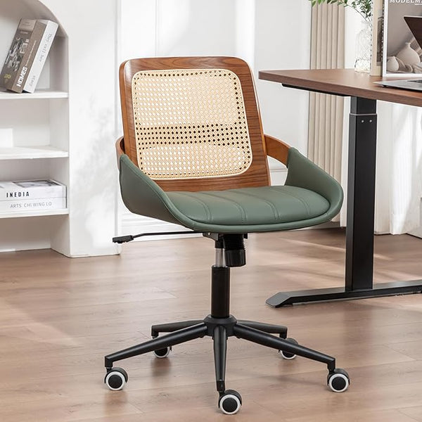 Rattan Back Office Chair with Faux Leather & Caster Wheels