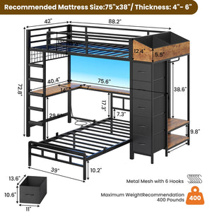L-Shaped Twin Over Twin Bunk Bed with Storage, Desk & LED Lights