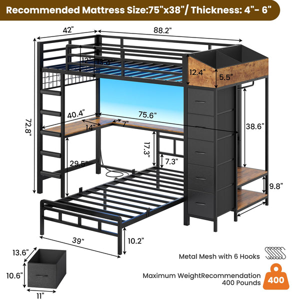 L-Shaped Twin Over Twin Bunk Bed with Storage, Desk & LED Lights