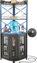 Corner Bar Cabinet with Power Outlet & LED Lights – 5-Tier Wine & Liquor Storage