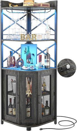 Corner Bar Cabinet with Power Outlet & LED Lights – 5-Tier Wine & Liquor Storage
