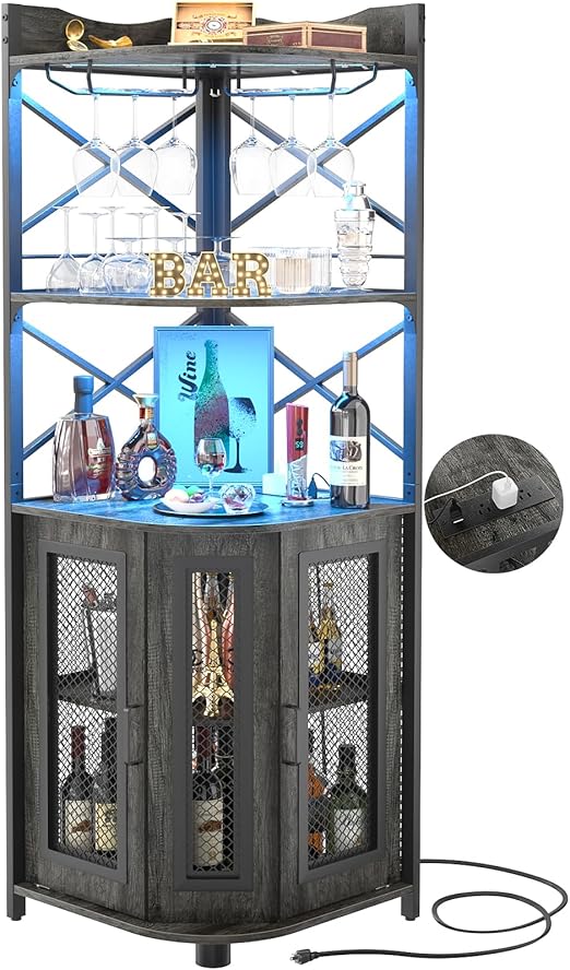 Corner Bar Cabinet with Power Outlet & LED Lights – 5-Tier Wine & Liquor Storage