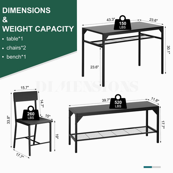 4-Piece Dining Table Set with Bench, 2 Chairs & Storage Rack