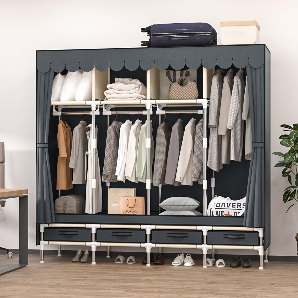 Portable Wardrobe with Hanging Rods & Drawers