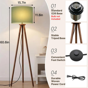 Rubberwood Tripod Floor Lamp — 60.6", 15.7" Linen Shade, Walnut Finish, E26