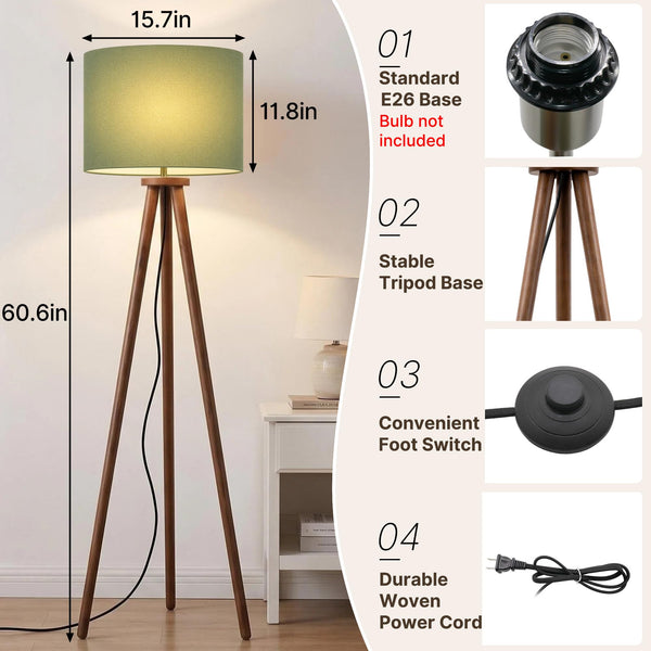 Rubberwood Tripod Floor Lamp — 60.6", 15.7" Linen Shade, Walnut Finish, E26