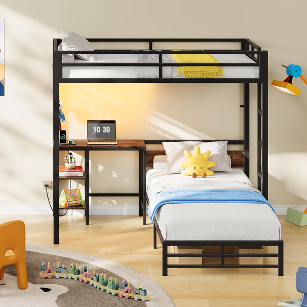 Twin Over Twin L-Shaped Bunk Bed with Desk, LED Lights & Stairs