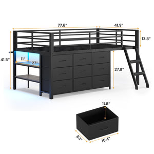 Twin Low Loft Bed with 9 Storage Drawers, LED Lights & Safety Guardrail