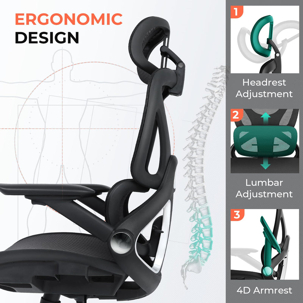 High Back Ergonomic Mesh Office Chair – 400 lbs, 4D Flip-Up Arms, Adjustable Lumbar & 3D Headrest