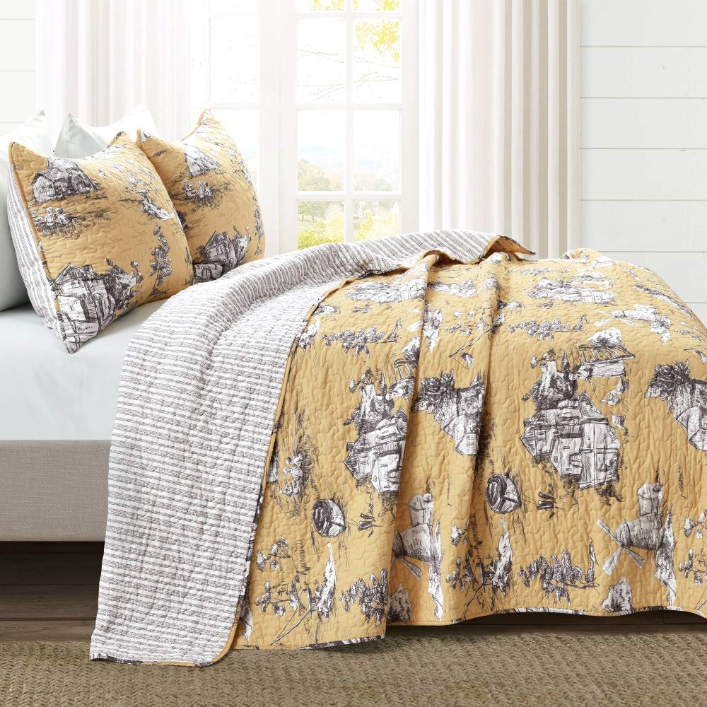 French Country Toile Reversible Cotton Quilt Set — King, Yellow/Gray