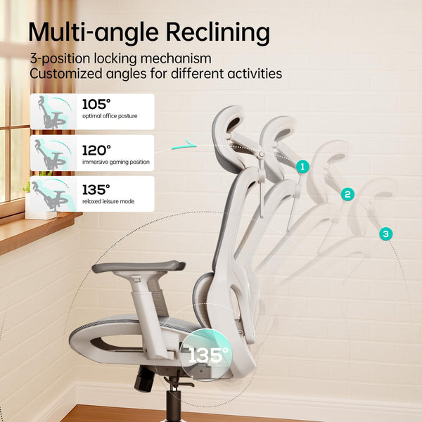 Ergonomic Mesh Office Chair with 3D Lumbar, 360° Armrests & 135° Tilt