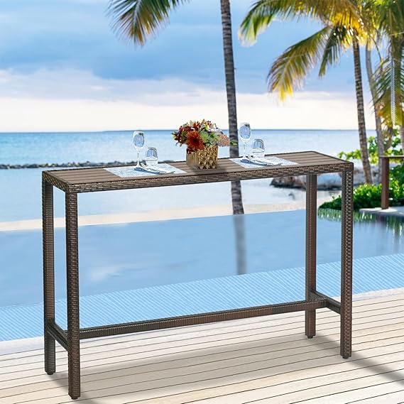Outdoor Wicker Bar Table – Counter Height Pub Table with Poly Lumber Top