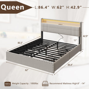 Upholstered Platform Bed Frame with Storage Drawers, LED Lights & Charging Station