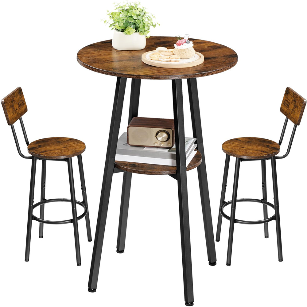 3-Piece Industrial Bar Table & Stools Set — Round Pub Table with 2 Bar Chairs