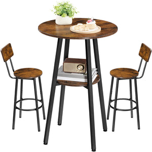 3-Piece Industrial Bar Table & Stools Set — Round Pub Table with 2 Bar Chairs