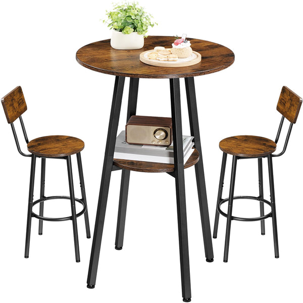 3-Piece Industrial Bar Table & Stools Set — Round Pub Table with 2 Bar Chairs