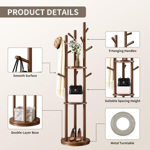 Rotating Solid Wood Coat Rack with 3 Shelves & 9 Hooks