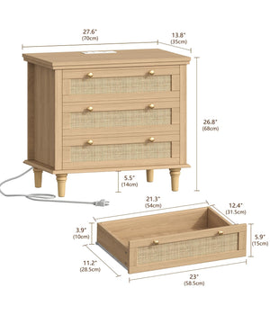 Wide Rattan Nightstand with Charging Station & 3 Drawers