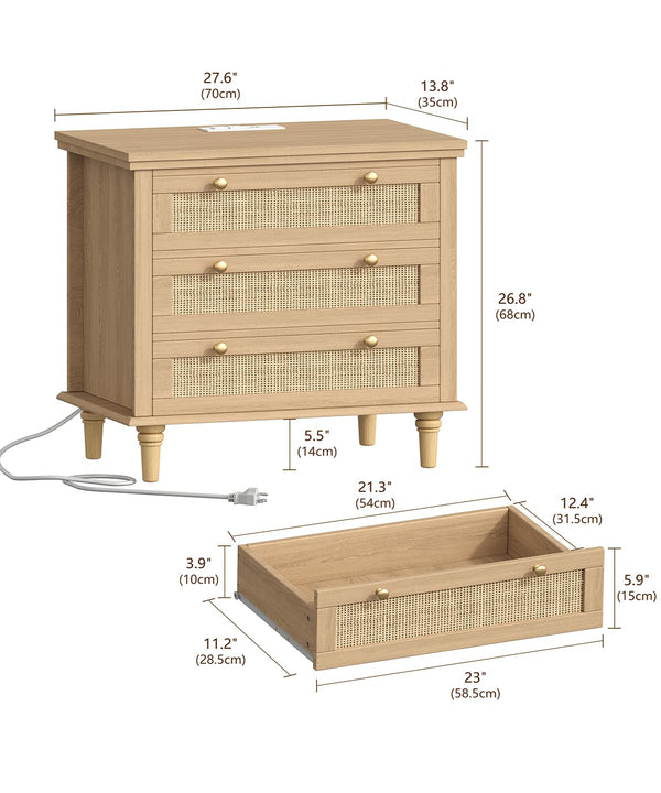 Wide Rattan Nightstand with Charging Station & 3 Drawers