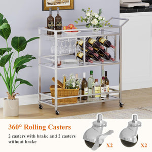 FATORRI Bar Cart Silver, Bar Carts for The Home, Home Bar Serving Carts for Liquor, Rolling Wine Cart with 3 Tier Mirrored Shelves on Wheels for Alcohol and Beverage (Silver)