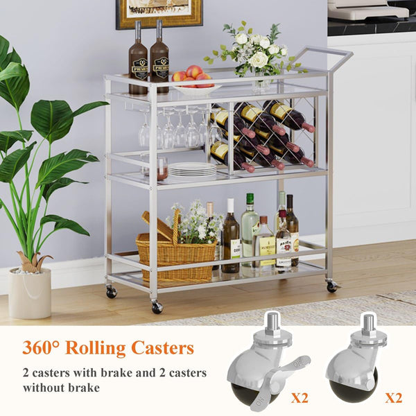 FATORRI Bar Cart Silver, Bar Carts for The Home, Home Bar Serving Carts for Liquor, Rolling Wine Cart with 3 Tier Mirrored Shelves on Wheels for Alcohol and Beverage (Silver)