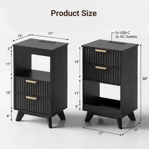 Tall Nightstand with Charging Station, Fluted Drawers & Storage Shelf