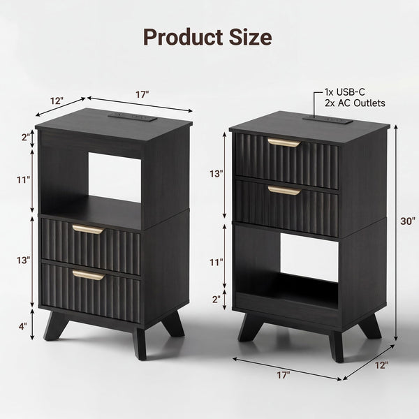 Tall Nightstand with Charging Station, Fluted Drawers & Storage Shelf