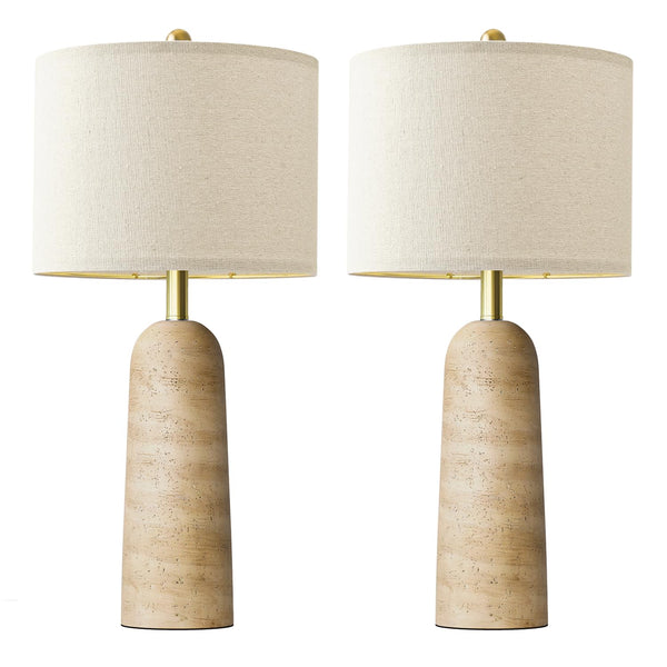 Travertine-Look Resin Table Lamp Set of 2 with Linen Shade