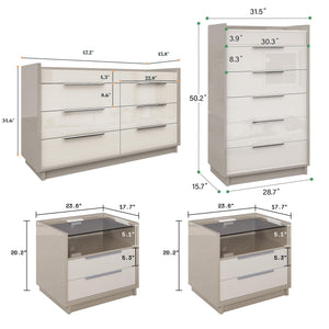 AMERLIFE 4 Piece Bedroom Furniture Set, 2 Nightstands with Charging Station, 8 Drawer Dresser with LED Light & 5 Drawer Chest, Modern High Gloss UV Finish, Bedroom Storage Organizer, Cream & Grey