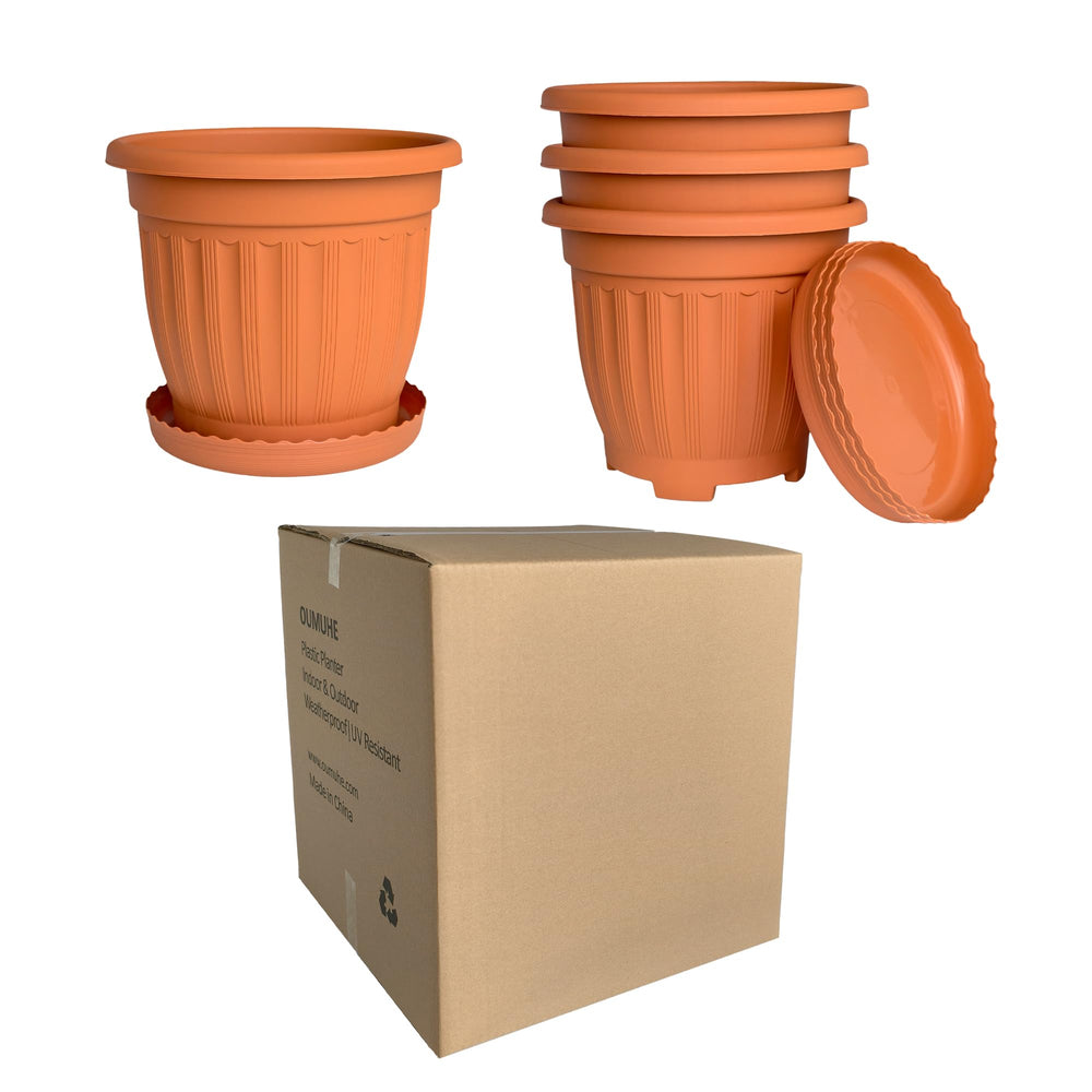 Large Plastic Planters with Drainage & Saucers – Set of 4