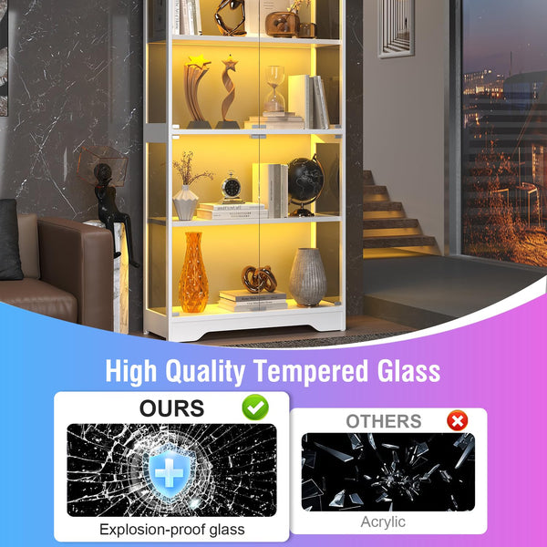 Glass Display Cabinet with LED Lights, 4-Tier Curio Cabinet, 63" Tall