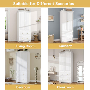 White Wardrobe Closet with 2 Drawers & Hanging Rod
