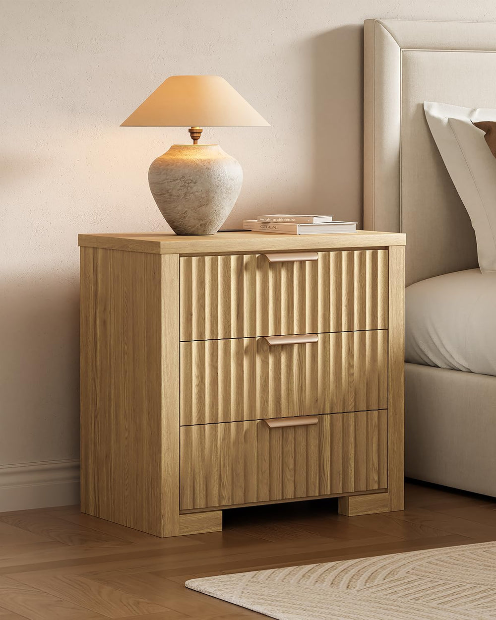 Fluted Nightstand with Charging Station & 3 Drawers – Natural Oak