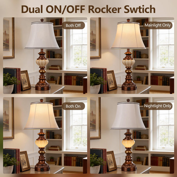 Farmhouse Tall Table Lamps Set of 2 with Nightlight & USB Ports