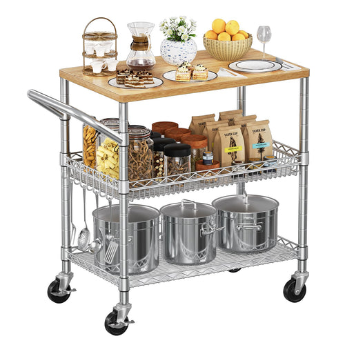 3-Tier Rolling Kitchen Cart with Wood Top