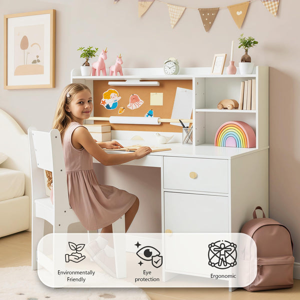 Kids Study Desk and Chair Set with Hutch, Storage Cabinet & Night Light