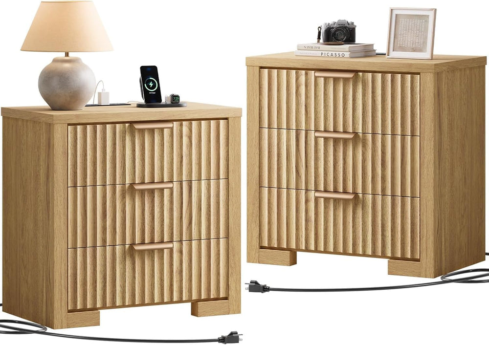 Fluted Nightstand with Charging Station & 3 Drawers – Natural Oak