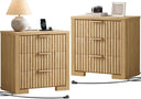Fluted Nightstand with Charging Station & 3 Drawers – Natural Oak