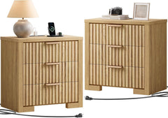 Fluted Nightstand with Charging Station & 3 Drawers – Natural Oak