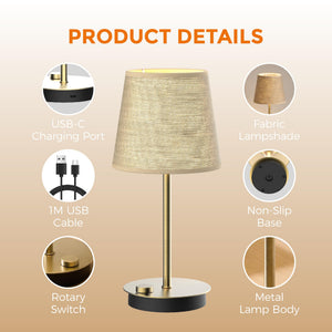 MEORA Rechargeable Cordless Table Lamp, 2 Pack Brass 3600mAh Battery Operated Lamp, 2700K Warm Light, Stepless Dimming for Bedroom, Dining Room, Living Room