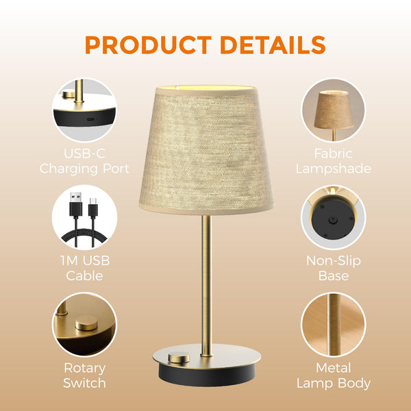 MEORA Rechargeable Cordless Table Lamp, 2 Pack Brass 3600mAh Battery Operated Lamp, 2700K Warm Light, Stepless Dimming for Bedroom, Dining Room, Living Room