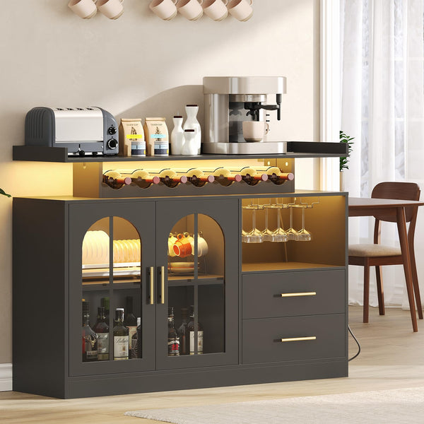 Wine Bar Cabinet with LED Lights & Charging Station