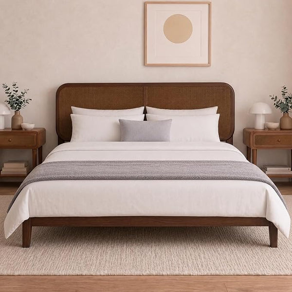 Queen & King Bed Frame with Rattan Headboard