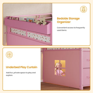 Low Loft Bed Twin Size with Storage Drawers, Bookcase and LED Lights